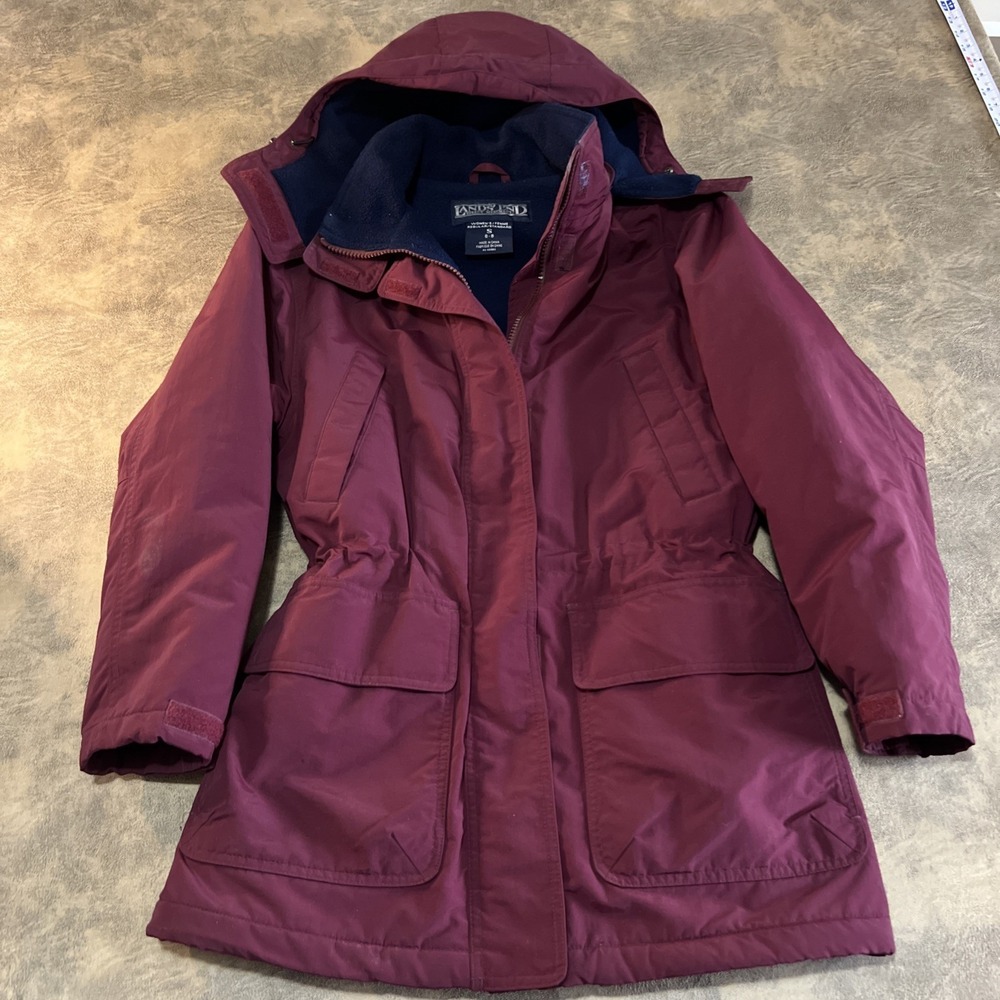 Lands' End Jacket Size S Hooded Softshell Parka Burgundy Polartec Fleece Lined